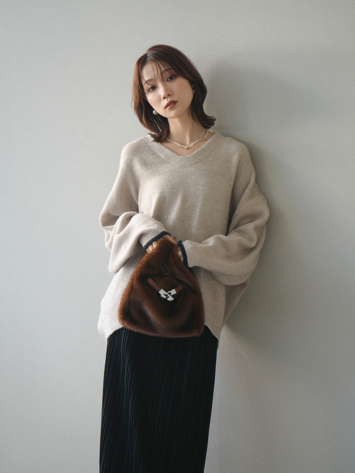 [SET]Vネック配色スリーブニットプルオーバー+選べるアクセセット(2set)