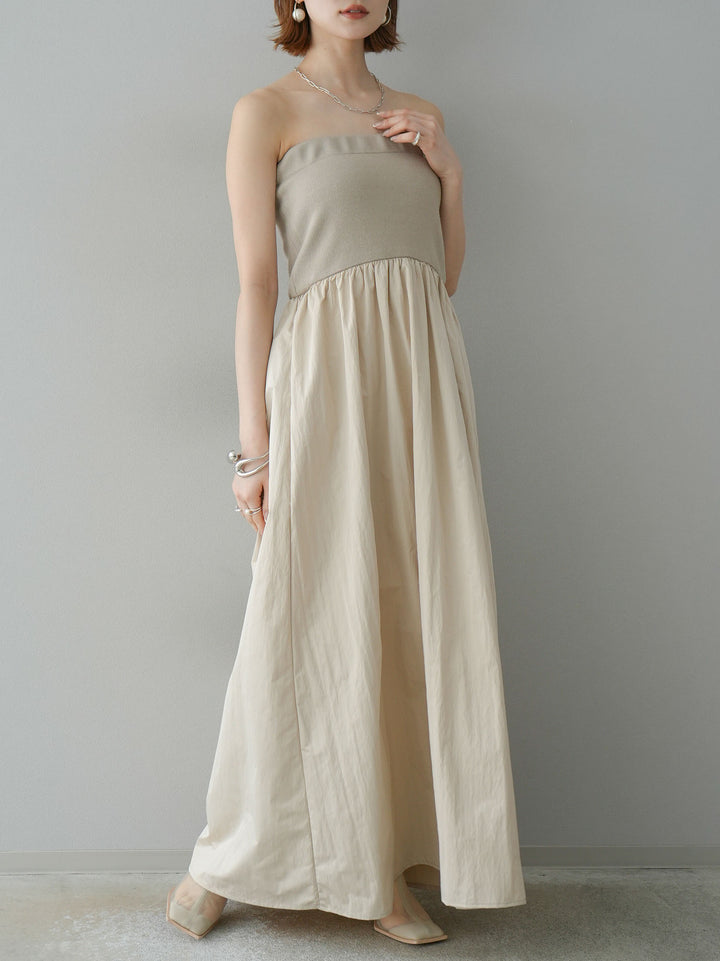 [預訂] 針織 x 塔夫綢小熊洋裝/米色