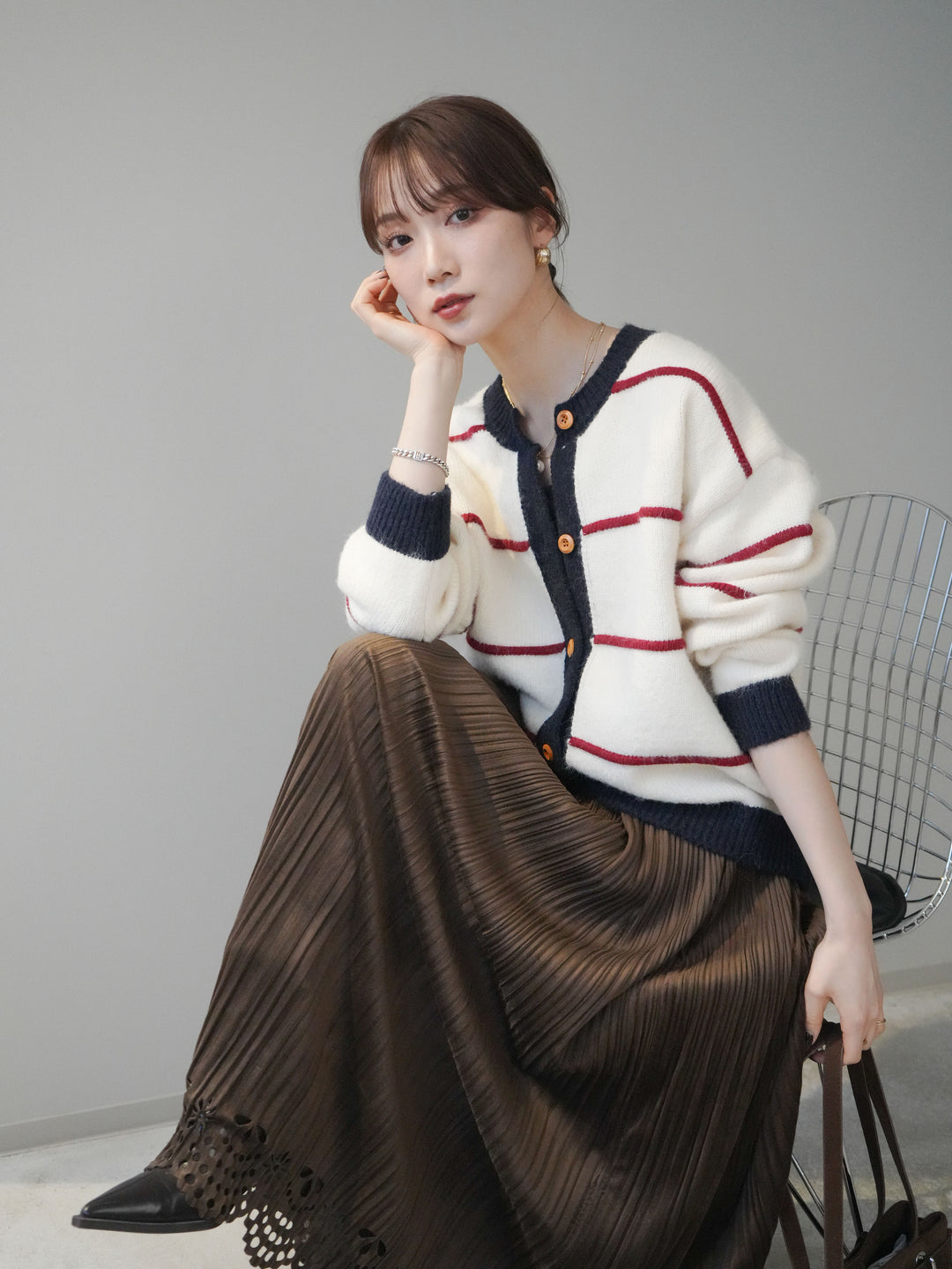 [予約]配色ボーダーニットカーディガン/red