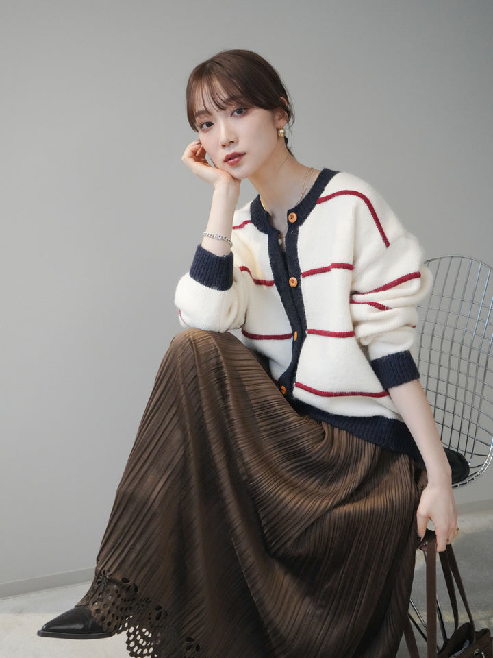 [予約]配色ボーダーニットカーディガン/red