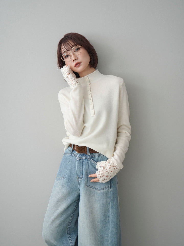 [予約]袖スカラップレースフロントボタンウールニットトップス/white