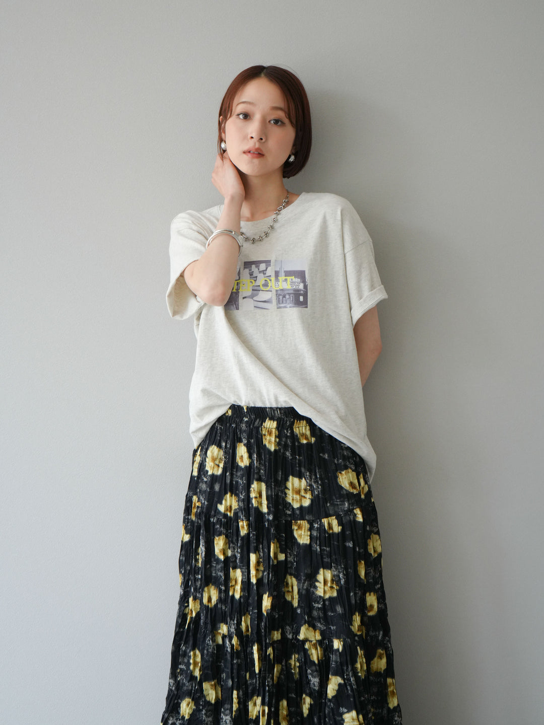 [SET]ネオンロゴコラージュフォトプリントオーバーTシャツ+フラワーワッシャーロングスカート(2set)
