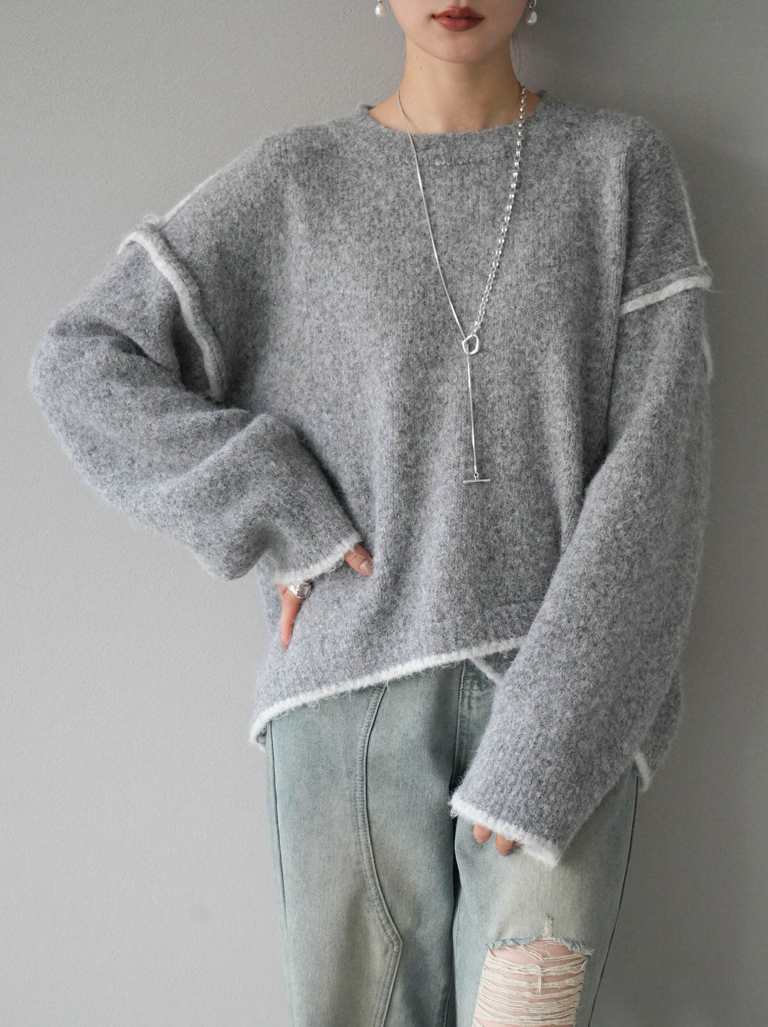 [預訂] 色彩協調針織套頭衫/灰色