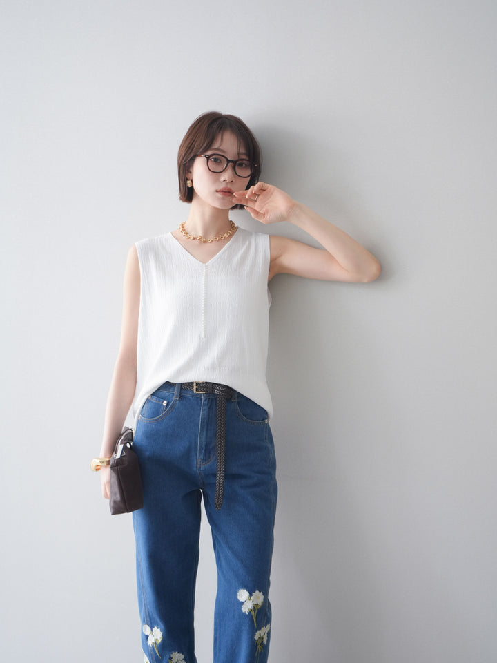 [SET]パールデザインVネックニットトップス+フラワー刺繍ストレートデニム(2set)