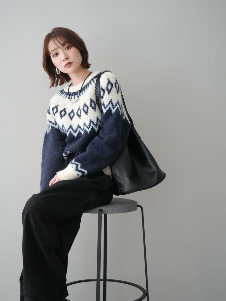 [予約]ノルディック柄ニットプルオーバー/navy