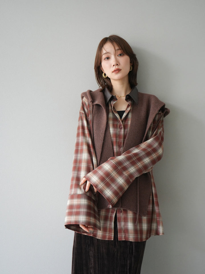 [SET]レザー襟オンブレチェックオーバーシャツ +クラッシュベロアナロースカート(2set)