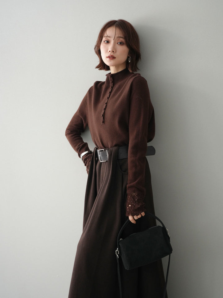 [予約]袖スカラップレースフロントボタンウールニットトップス/brown