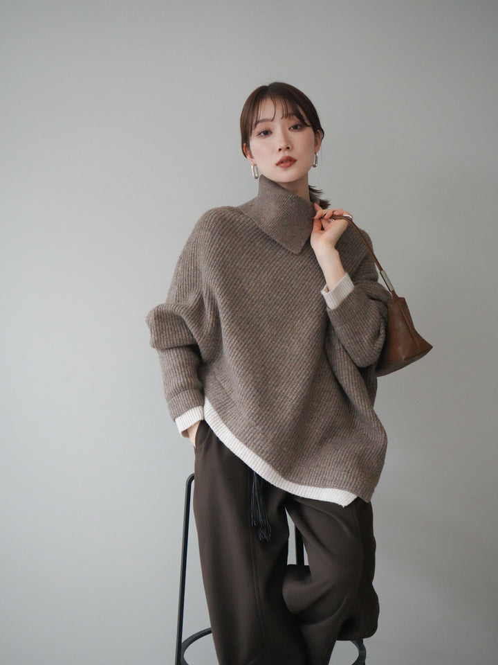 [予約]配色アシンメトリードルマンニットプルオーバー/oatmeal