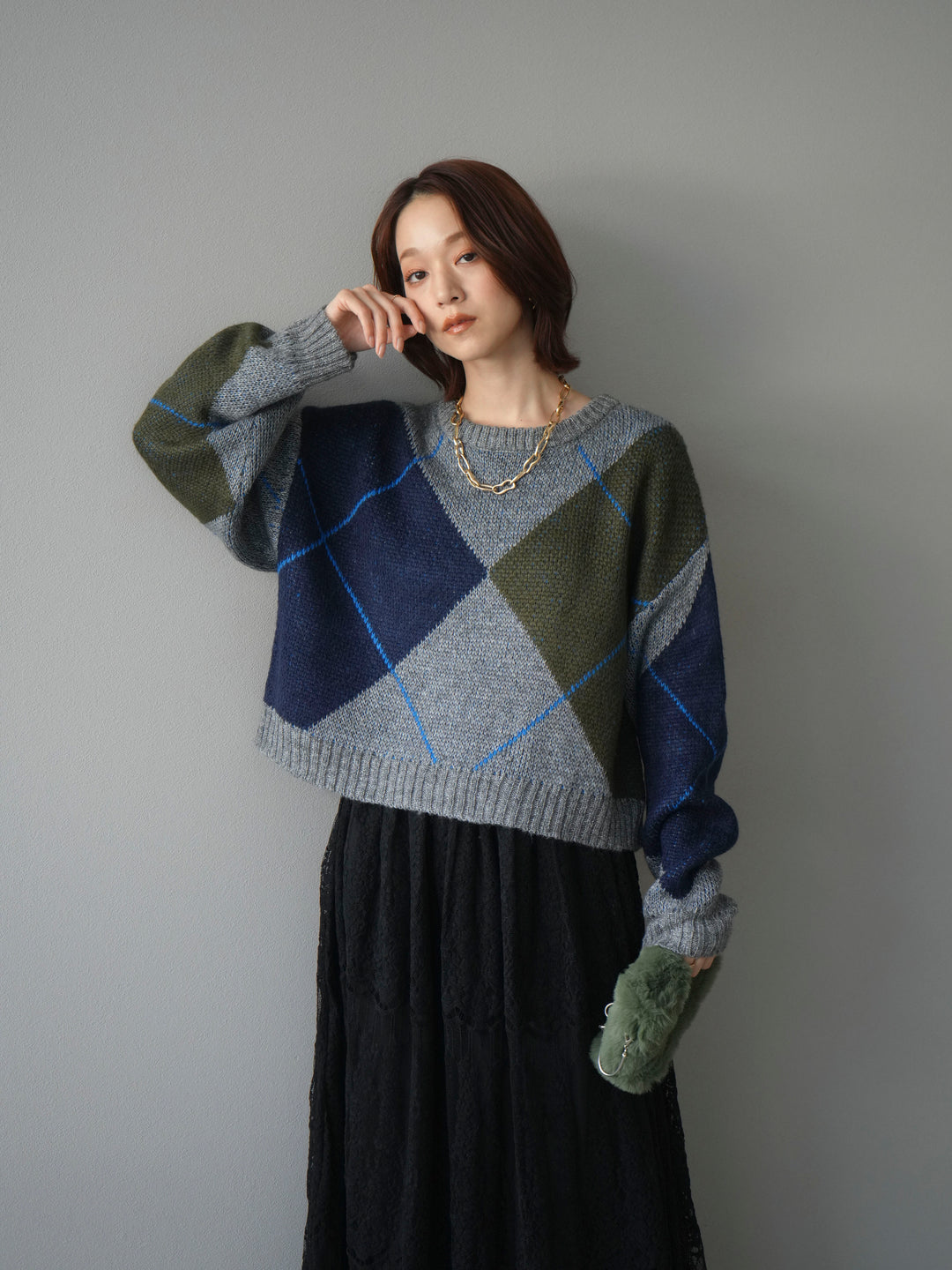 [SET]配色ステッチアーガイル柄ニットプルオーバー+ヴィンテージライクメッシュレーススカート(2set)