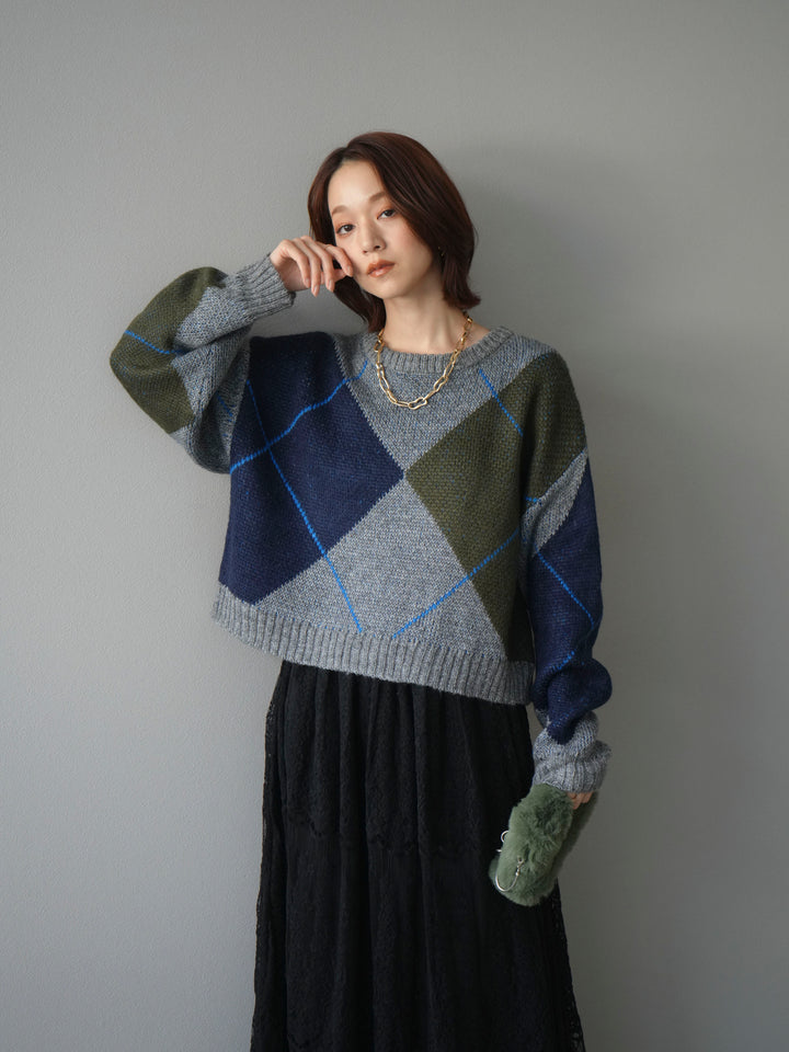[SET]配色ステッチアーガイル柄ニットプルオーバー+ヴィンテージライクメッシュレーススカート(2set)