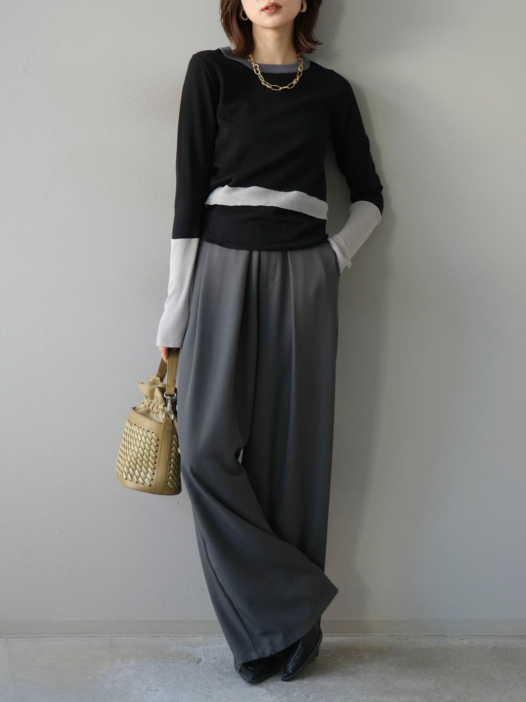 [予約]異素材配色デザインニットトップス/ブラック