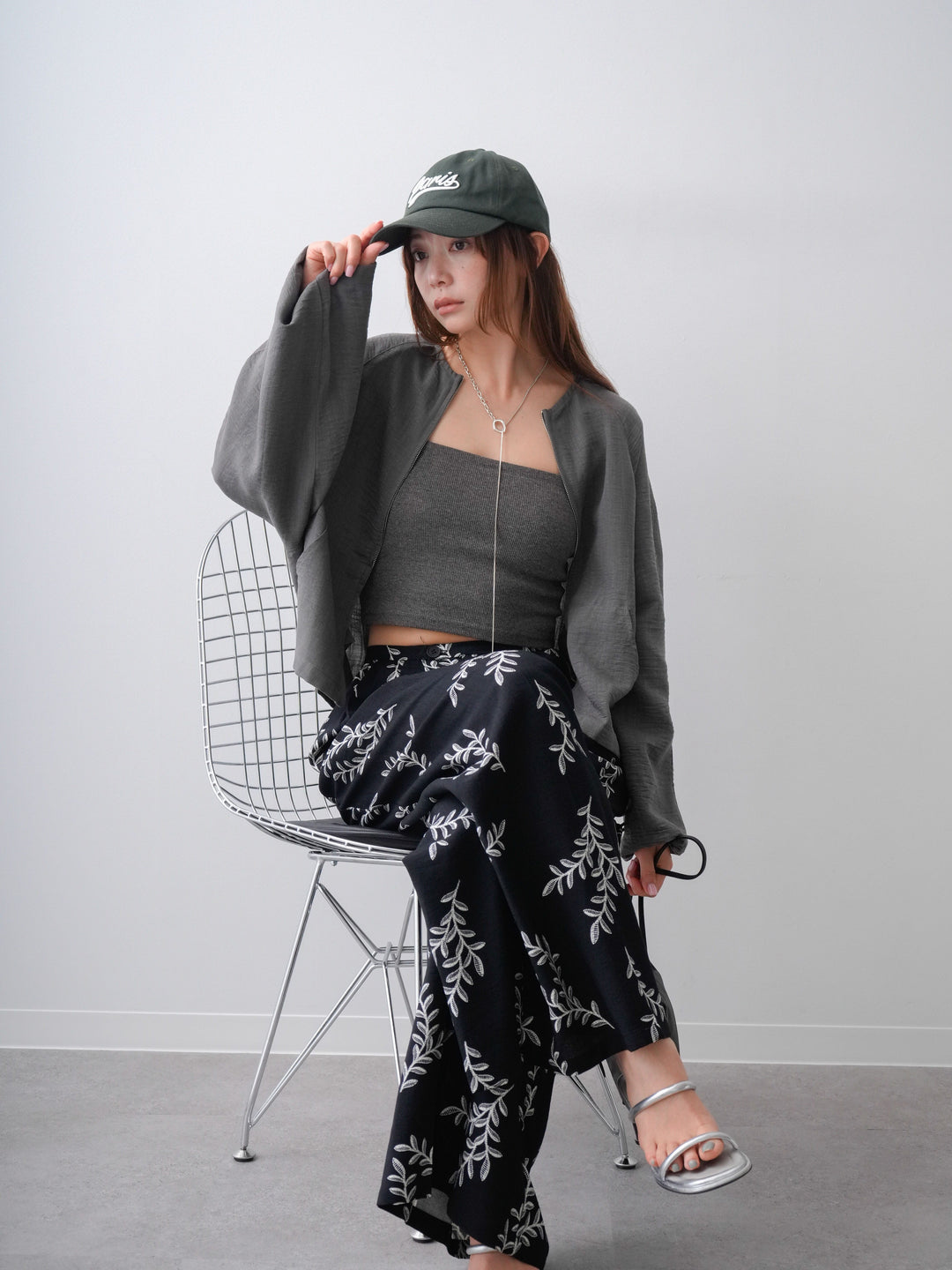 [SET]リネンライクノーカラーブルゾン+リーフプリントタックワイドパンツ(2set)