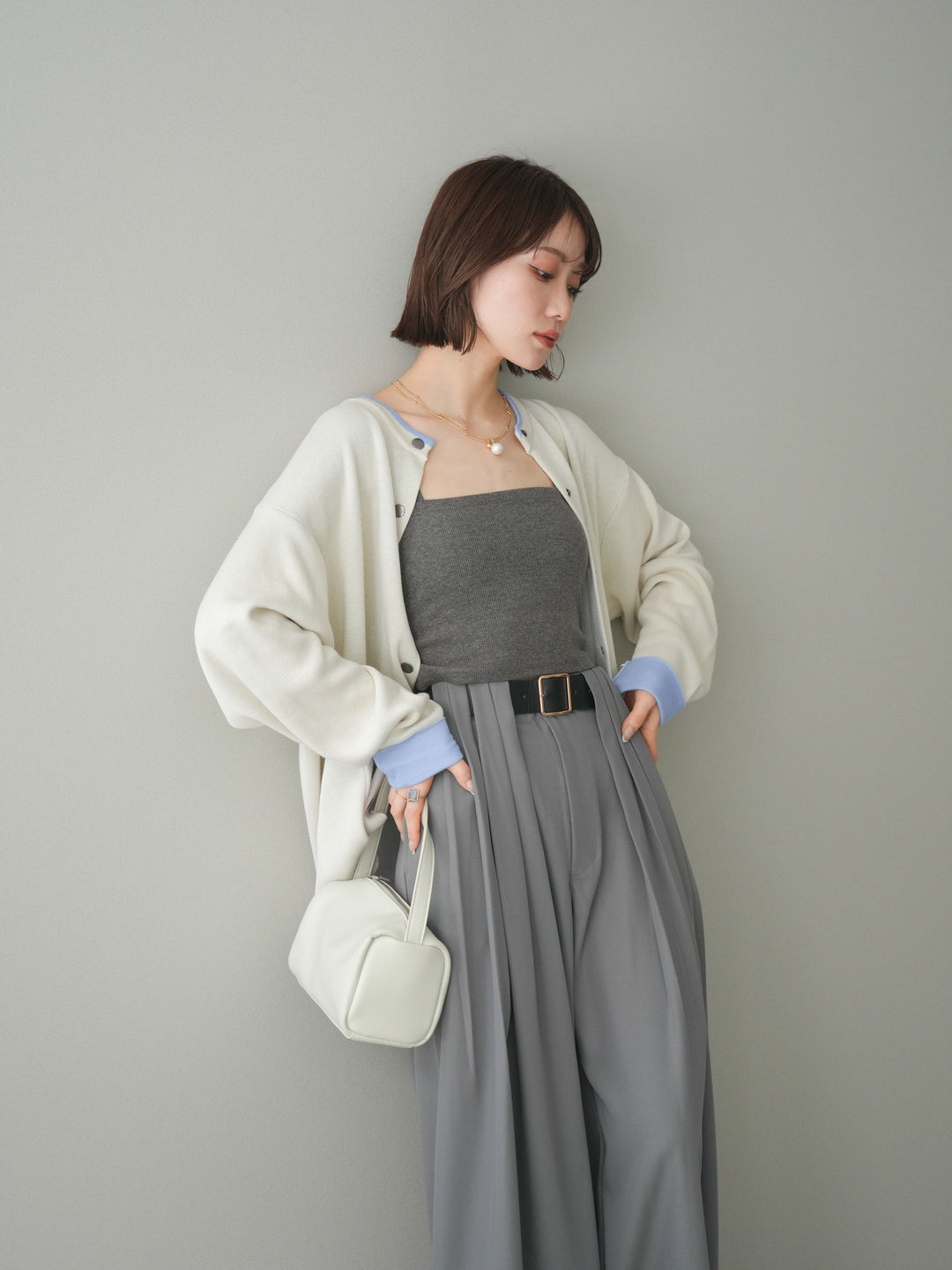 [SET]バイカラーオーバーニットカーディガン+タックベルトループワイドパンツ(2set)