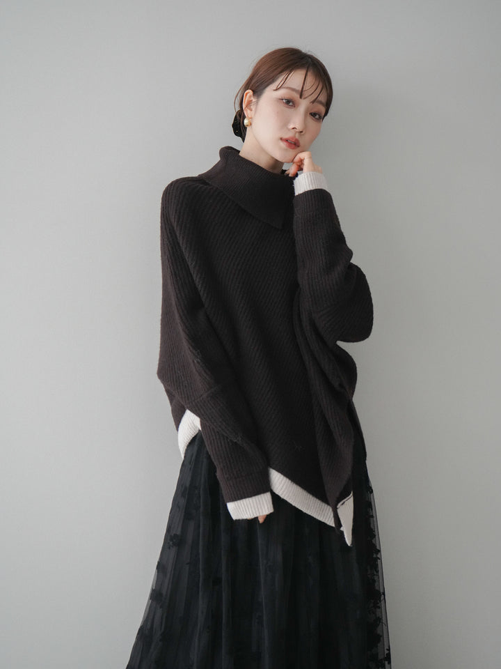 [予約]配色アシンメトリードルマンニットプルオーバー/brown