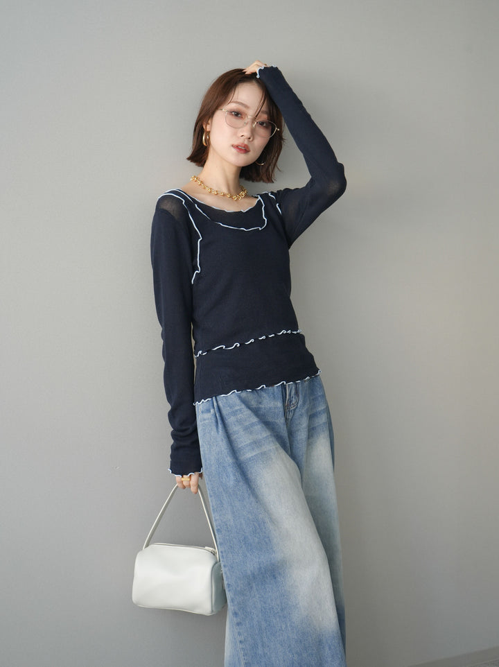 [SET]バイカラーメローアンサンブルシアーニットトップス+フロントポケットサイドタックワイドデニム(2set)