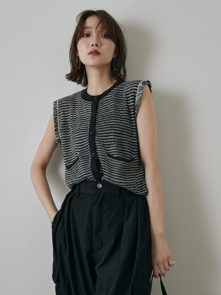 [予約]ボーダー袖フリンジニットベスト/ブラック