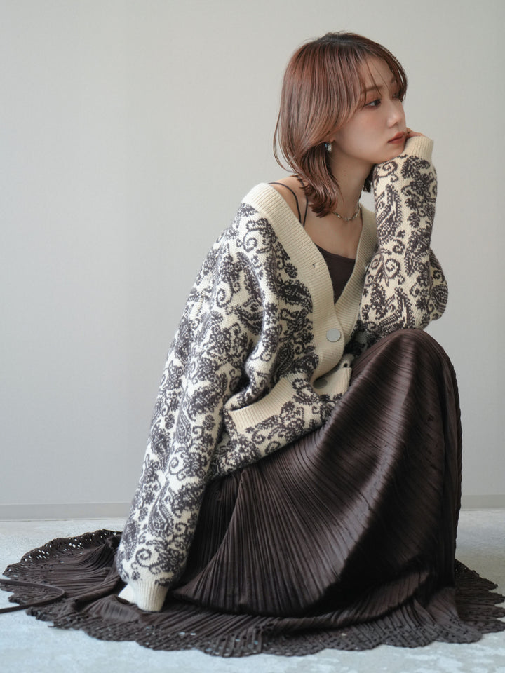 [SET]ペイズリー柄ニットカーディガン+パンチングデザインスエードプリーツスカート(2set)
