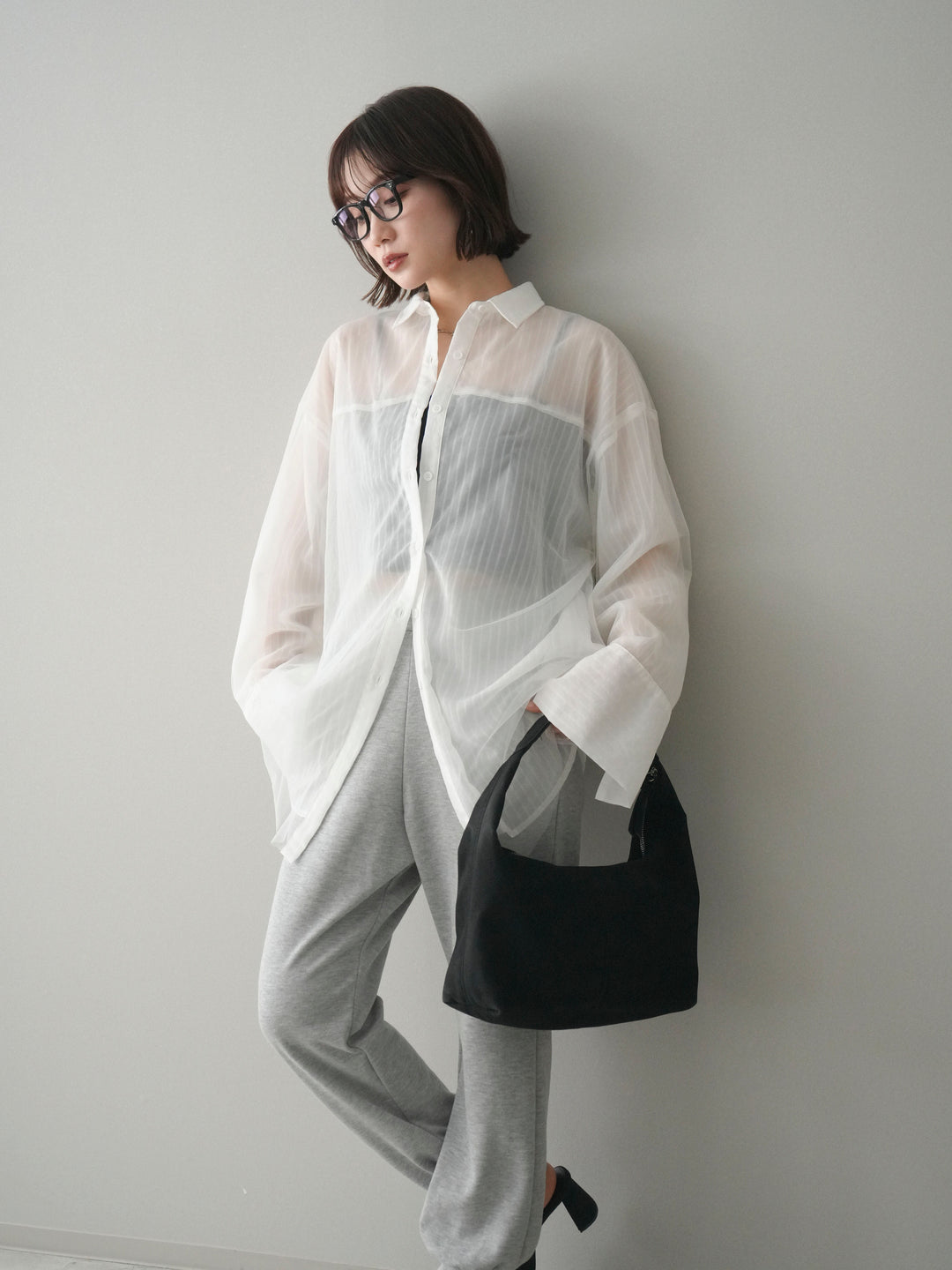 [予約]チュールレイヤードストライプシアーシャツ/offwhite