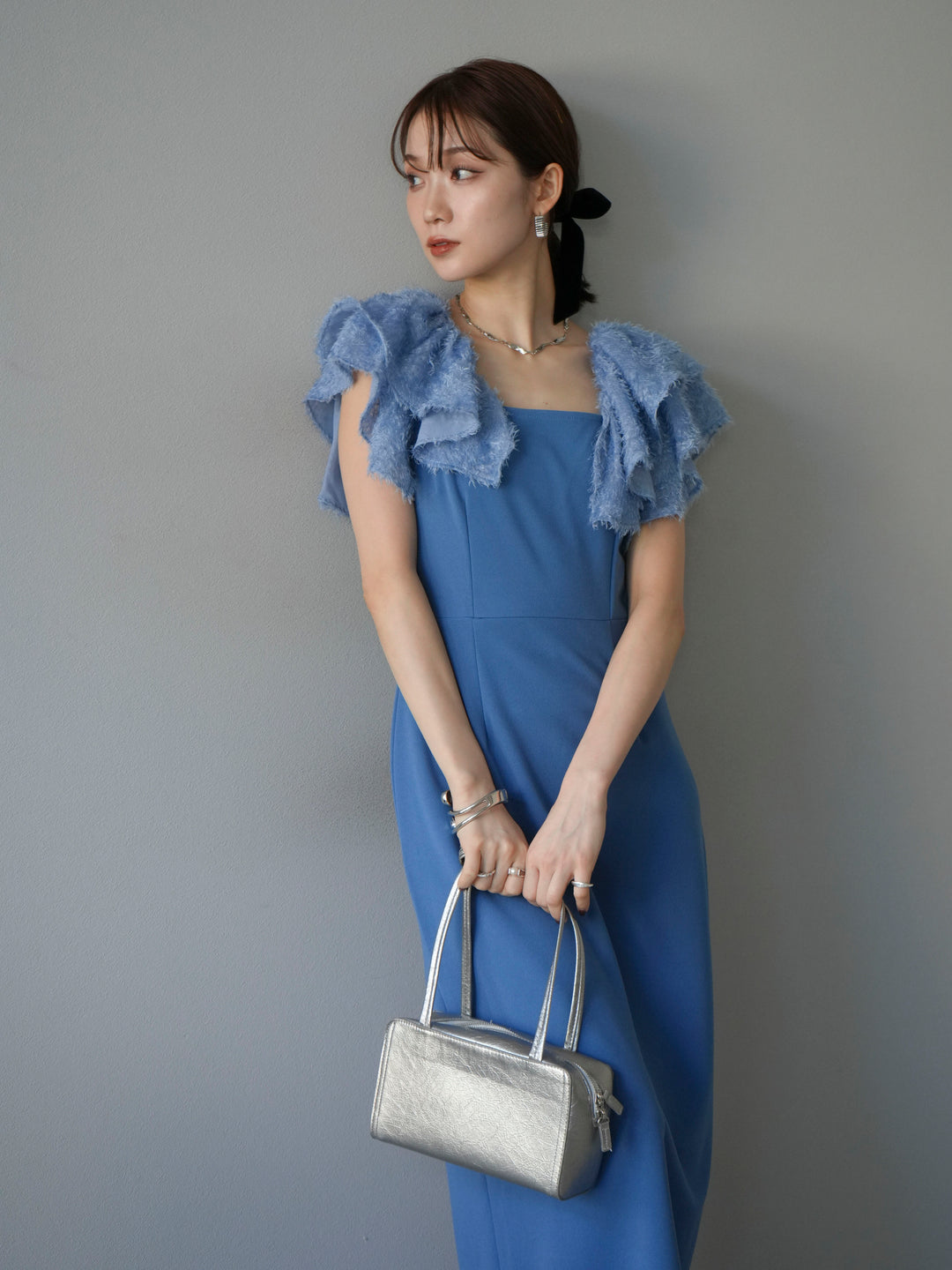 [予約]ジャガードフレアスリーブドレス/ブルー