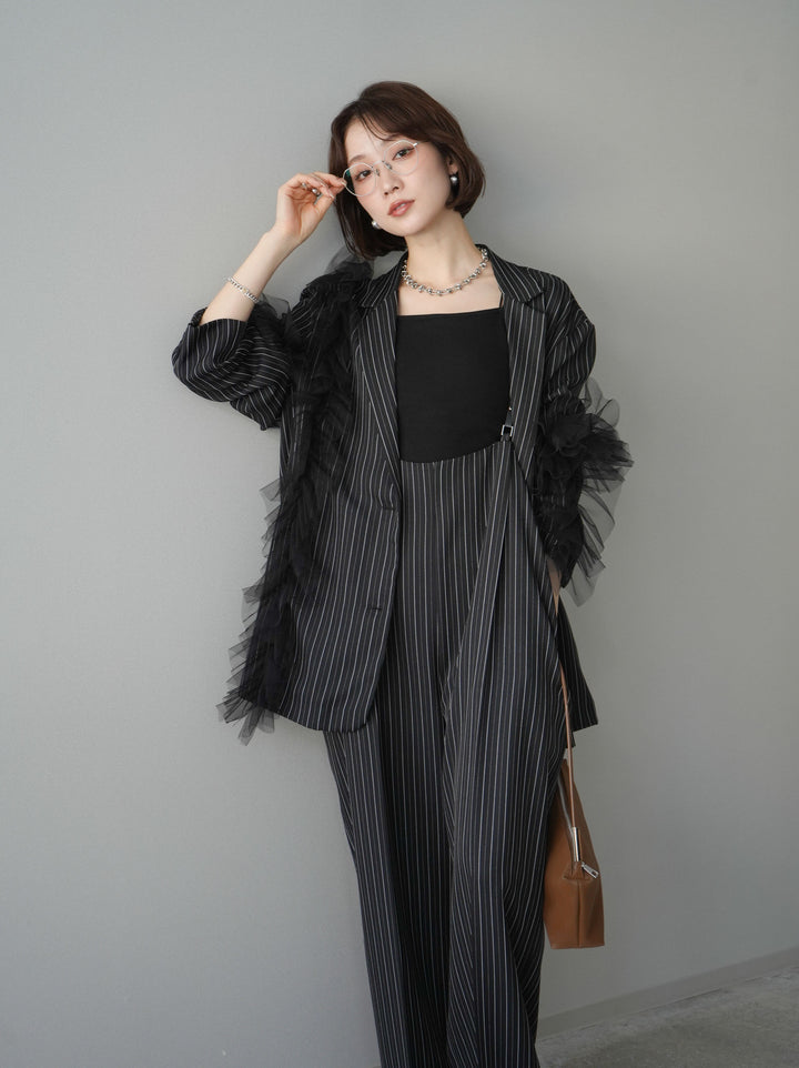 [予約]アシンメトリーチュールストライプジャケット/black