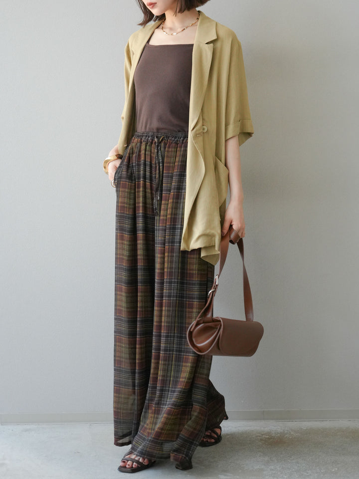 [預購] 透視格紋寬鬆褲/棕色