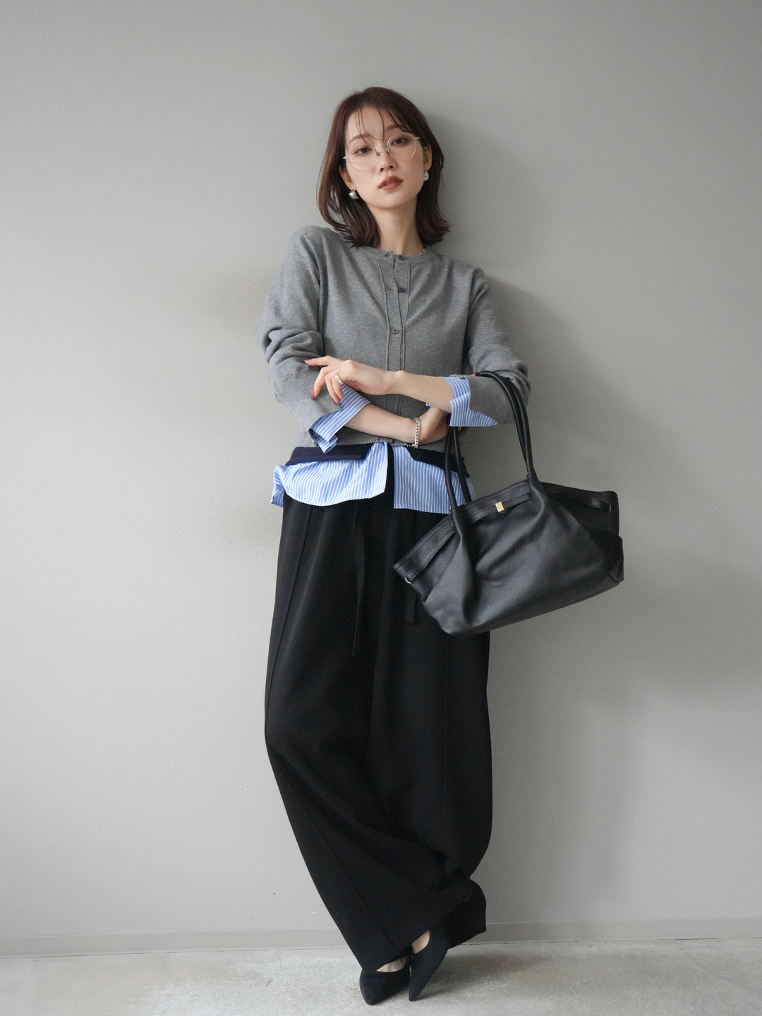 [SET]シャツ襟レイヤードニットカーディガン+ベルト付スウェットワイドパンツ(2set)