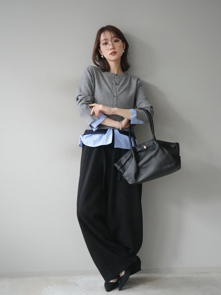 [SET]シャツ襟レイヤードニットカーディガン+ベルト付スウェットワイドパンツ(2set)