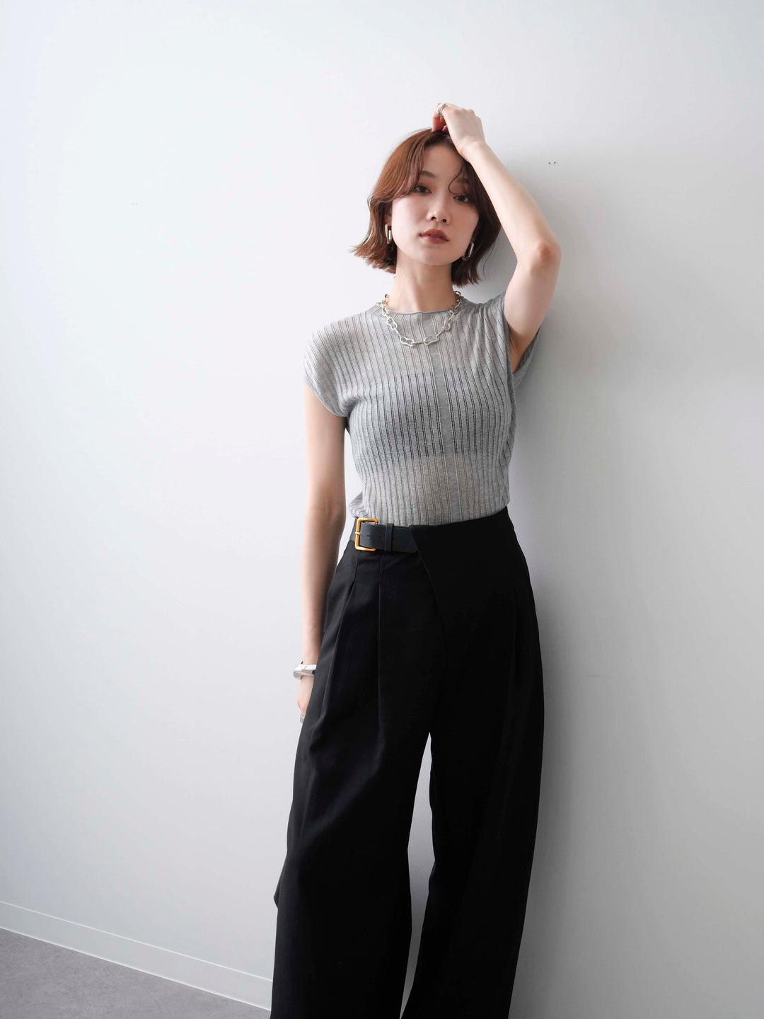 [予約]シアーリブフレンチニットトップス/grey
