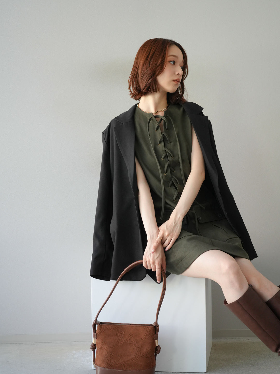 [予約]レースアップスエードミニワンピース/カーキ