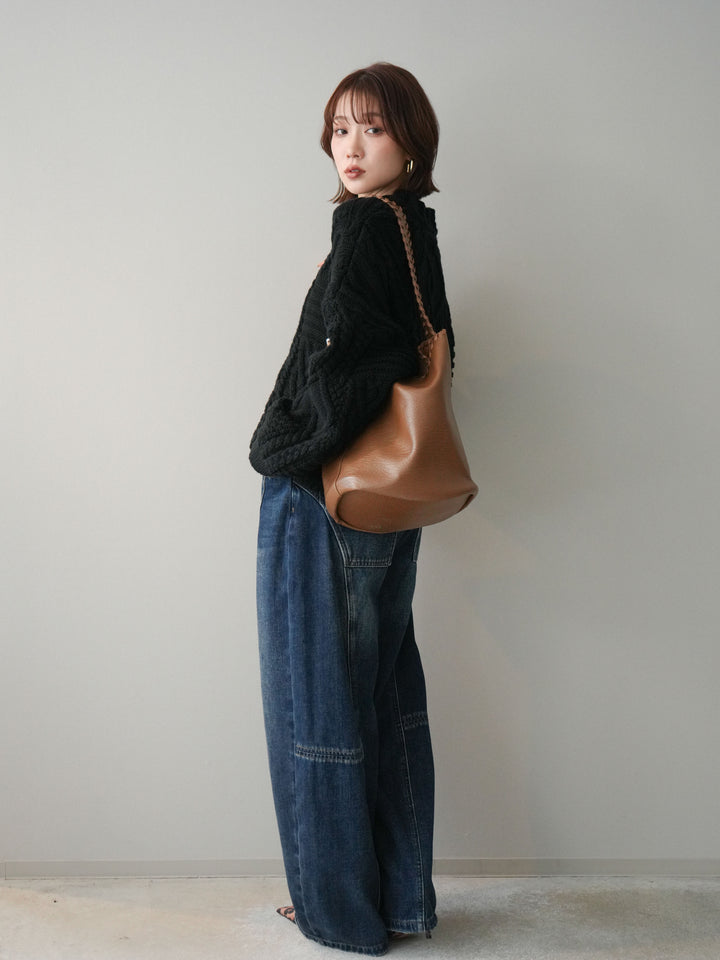 [SET]ケーブル編みモックネックニットプルオーバー+裏起毛加工デニムカーブパンツ(2set)