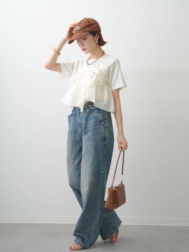 [SET]ナイロンドッキングツイストTEE +ストーンウォッシュルーズフィットデニム(2set)
