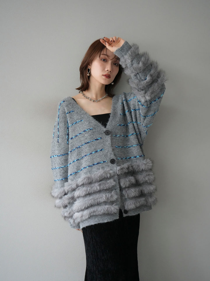 [予約]フェザーライン配色シャギーニットカーディガン/グレー
