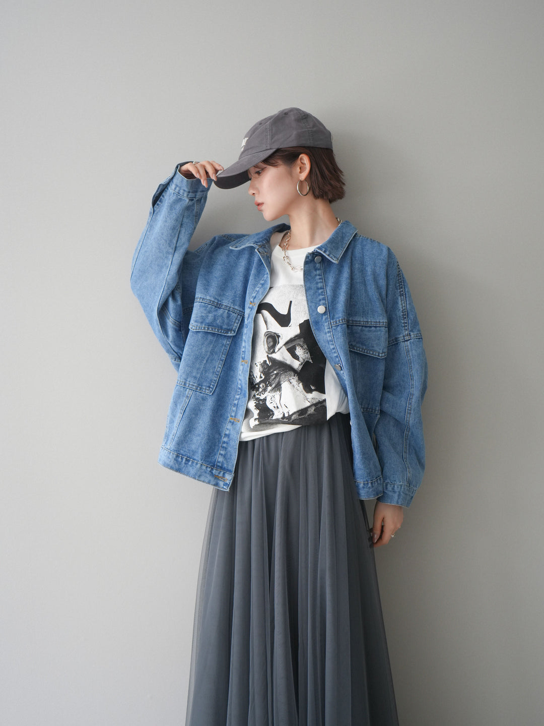 [SET]ルーズシルエットデニムジャケット+チュールボリュームスカート(2set)