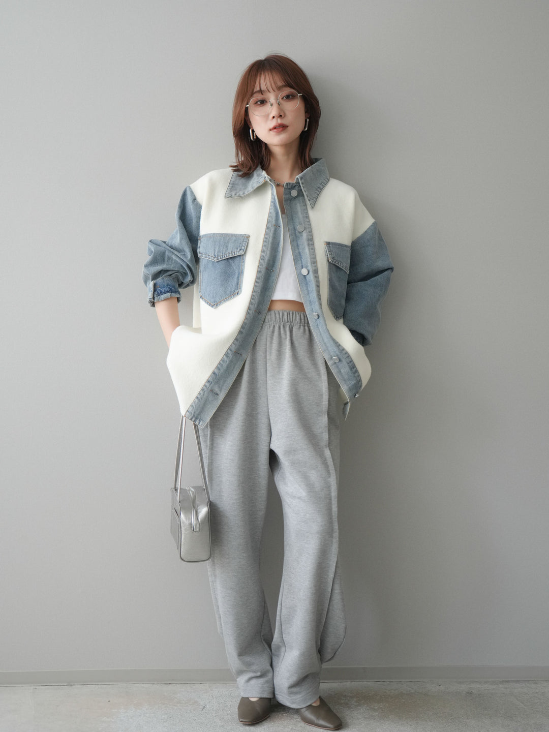 [SET]デニム襟ダブルフェイスニットカーディガン+2WAYデザインスウェットパンツ(2set)
