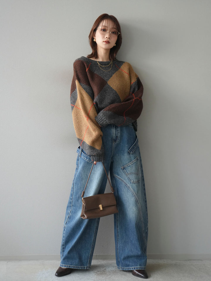 [SET]配色ステッチアーガイル柄ニットプルオーバー+ペインターカーブデニムパンツ(2set)