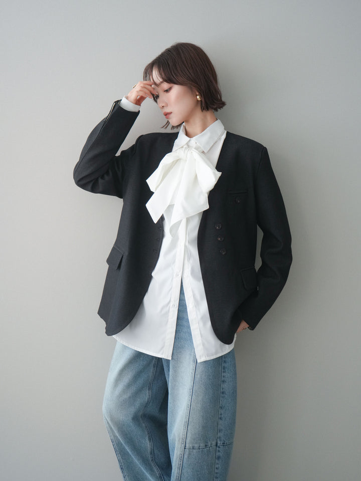 [SET]ノーカラージャケット+ガーメントウォッシュカーブデニムパンツ(2set)