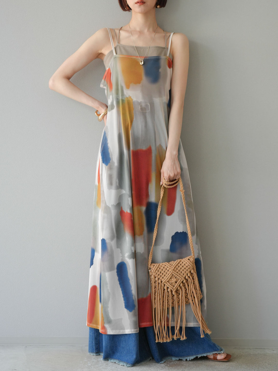 [予約]水彩アートシアーキャミワンピース/オフホワイト