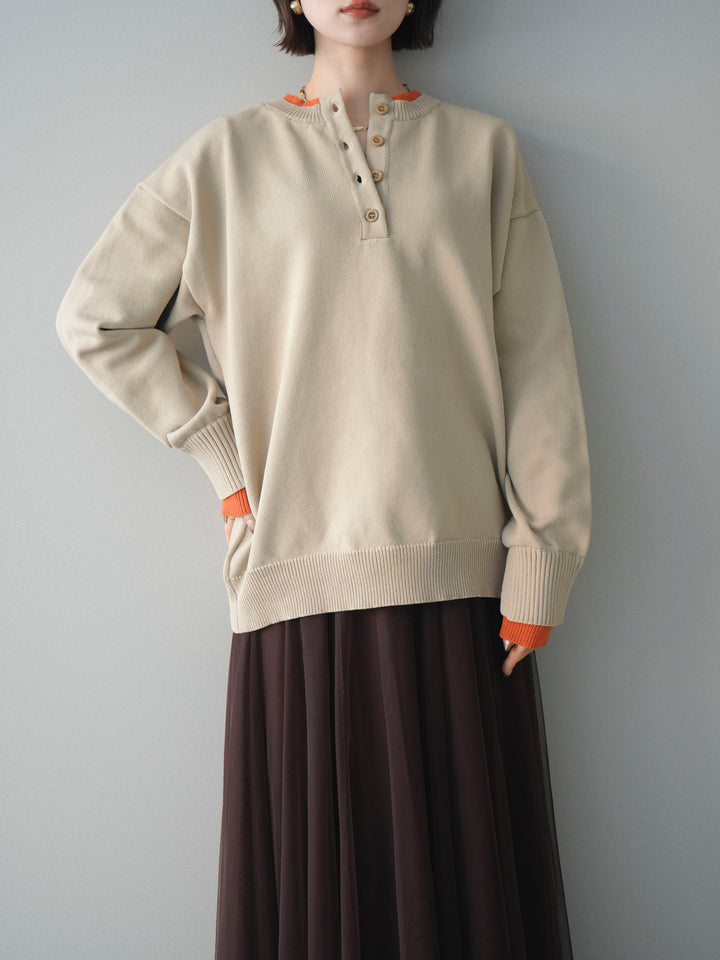 [予約]2WAYネック配色レイヤードニットプルオーバー/beige