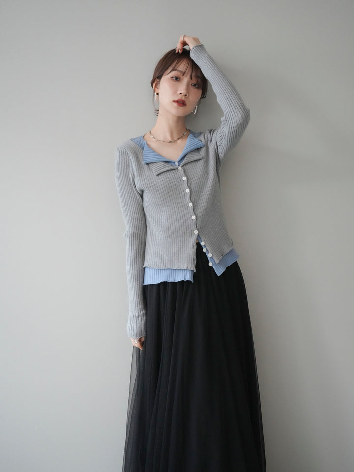 [予約]配色レイヤードリブニットカーディガン/gray