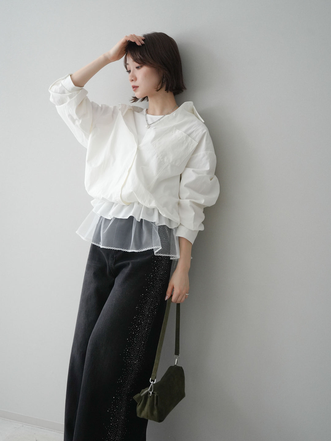 [予約]裾チュールノースリーブカットソー＆シャツドッキングトップス/white
