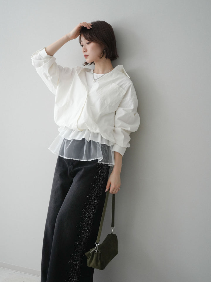 [予約]裾チュールノースリーブカットソー＆シャツドッキングトップス/white
