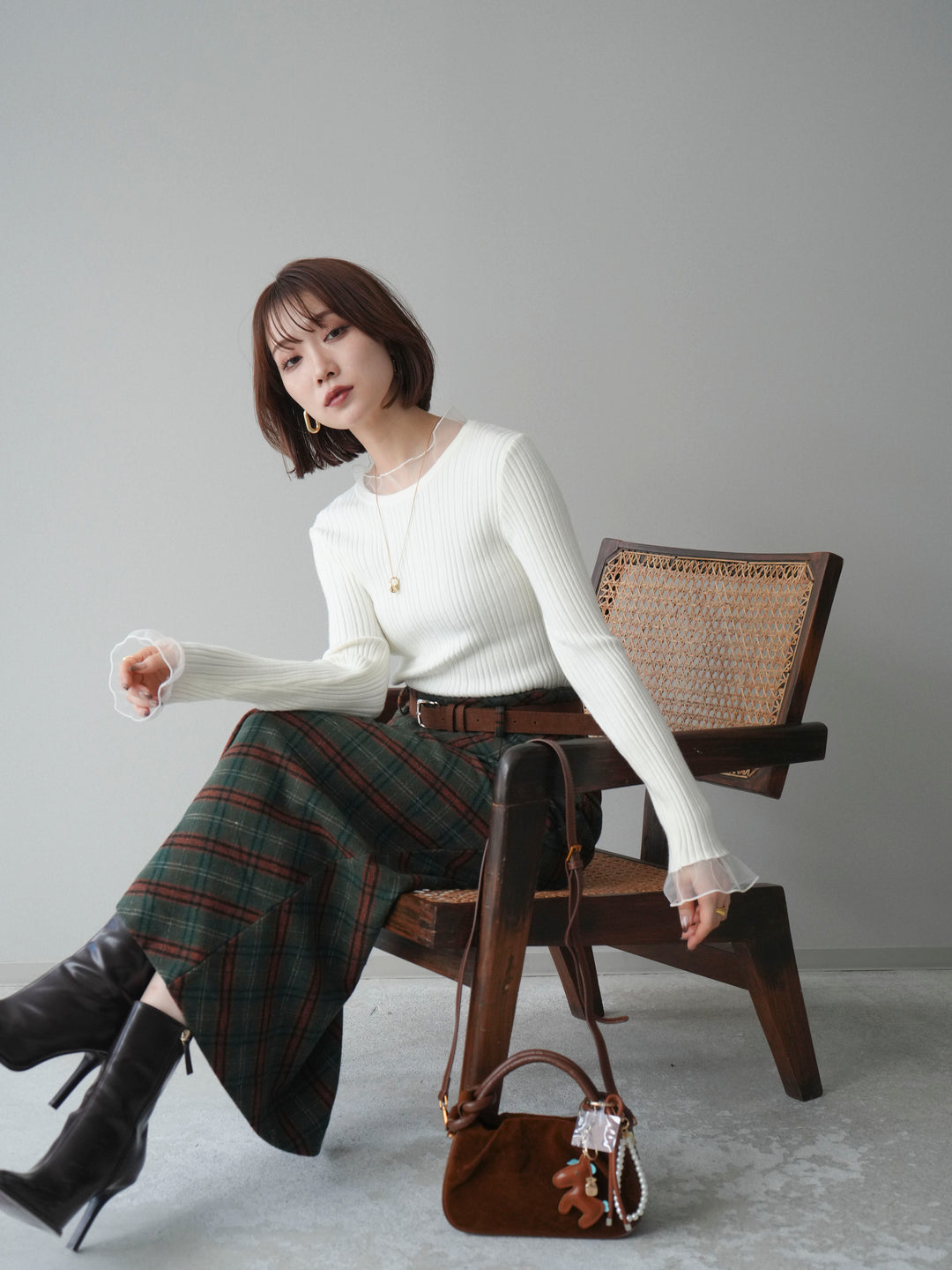 [SET]チュールドッキングリブニットトップス+ベルト付チェック柄ナロースカート(2set)