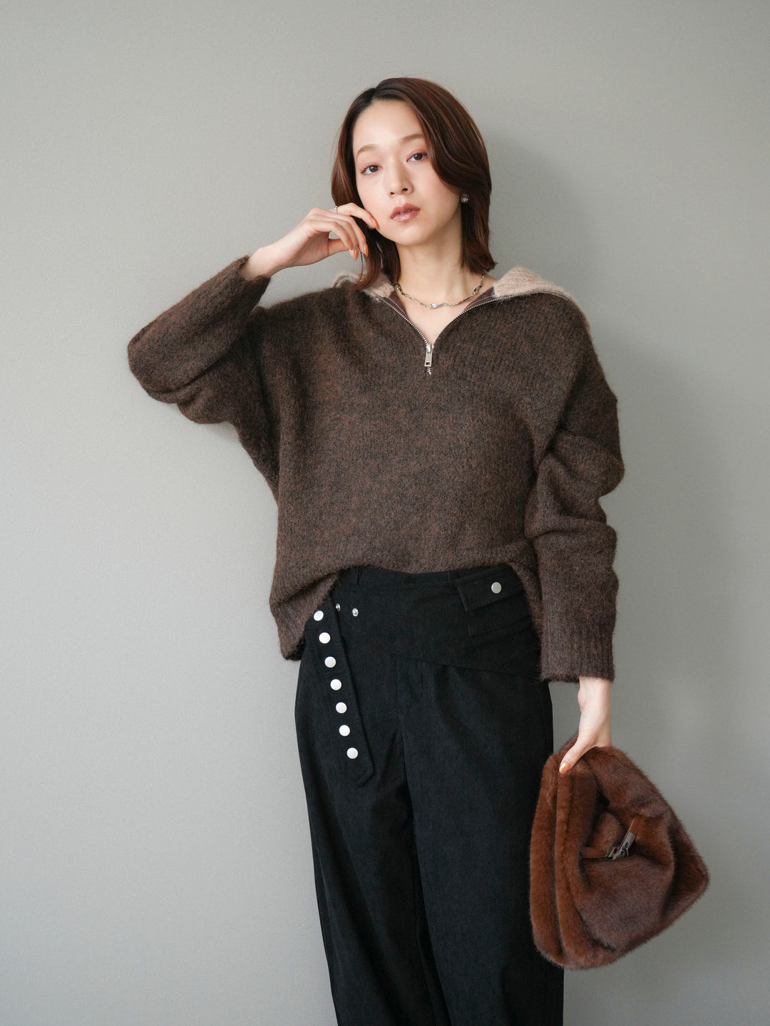 [予約]バイカラージップニットプルオーバー/brown