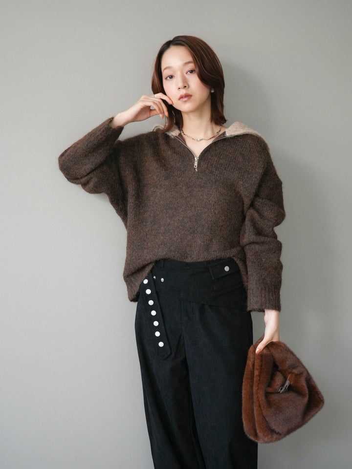 [予約]バイカラージップニットプルオーバー/brown