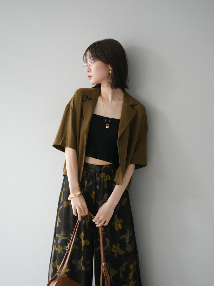 [SET]ハーフショートジャケット+フラワープリントチュールレイヤードパンツ(2set)