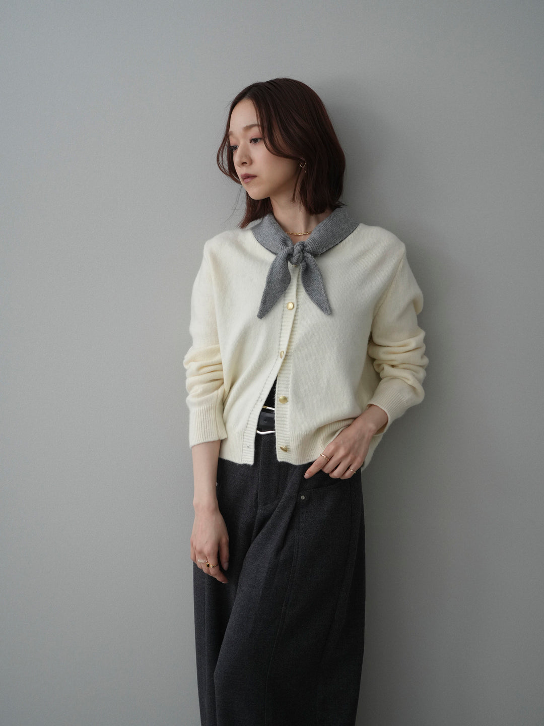 [SET]デザイン襟ニットカーディガン+ベルト付起毛コクーンパンツ(2set)