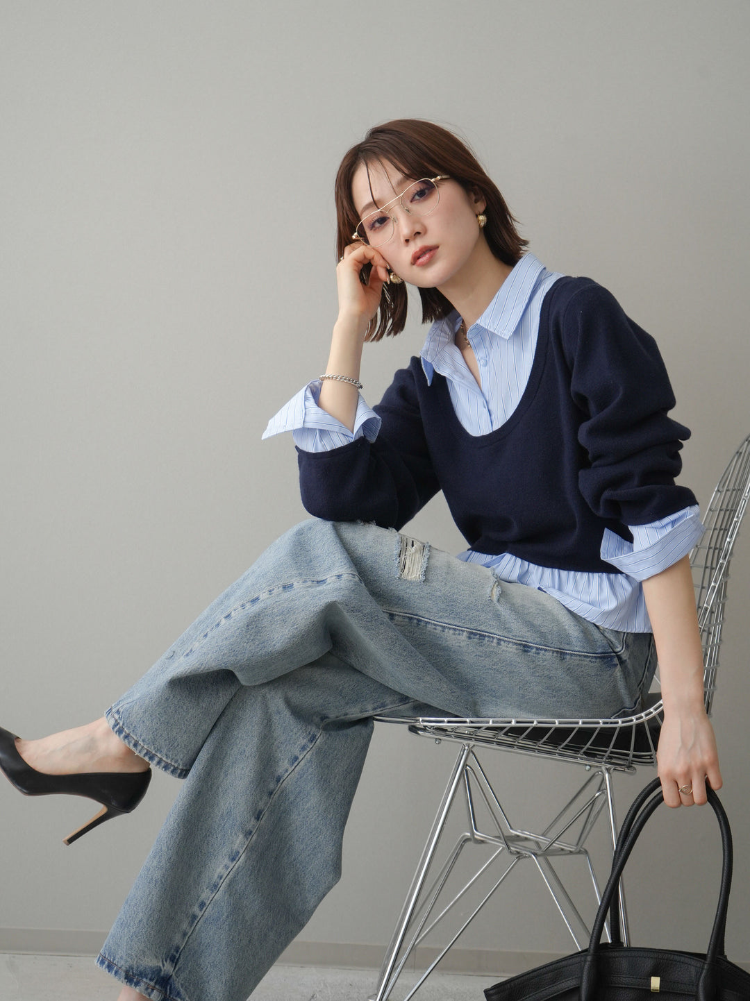 [予約]ストライプシャツUネックドッキングニットプルオーバー/navybluestripeB