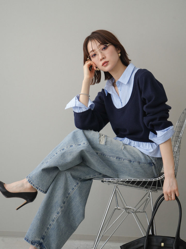 [予約]ストライプシャツUネックドッキングニットプルオーバー/navybluestripeB