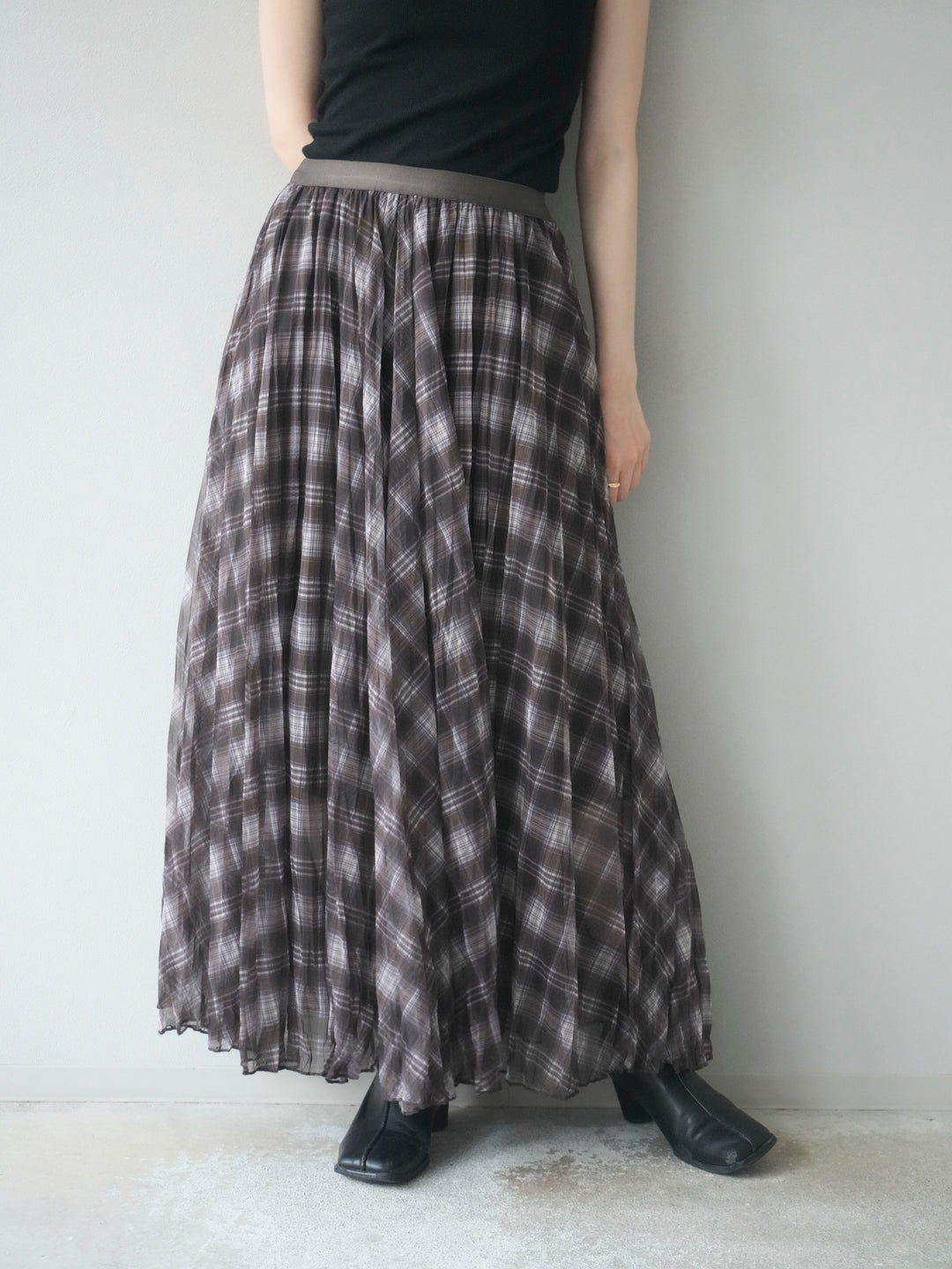 [予約]チェック柄ワッシャープリーツスカート/brown