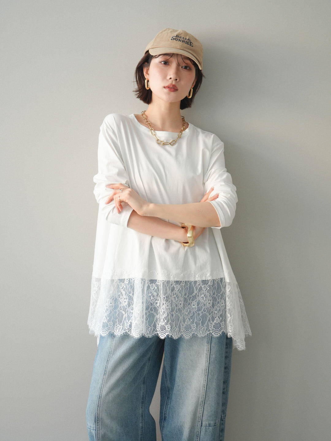 [SET]裾レースロングスリーブTシャツ+選べるアクセセット(2set)